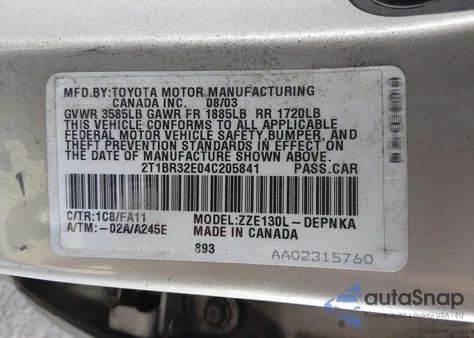 2004 Toyota Corolla Le z USA, uszkodzony, nr VIN 2T1BR32E04C205841